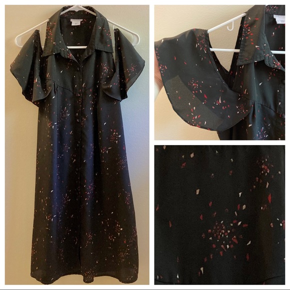 FREE IF BUNDLED Cooperative Black Cold-Shoulder Collared Tunic Top Large EUC - Picture 1 of 8